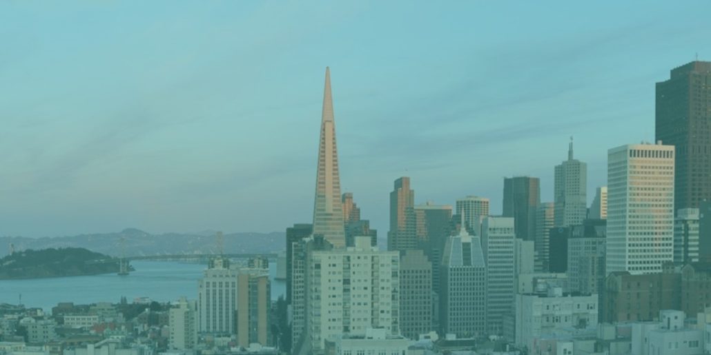 Downtown San Francisco, CA and the Bay at dusk